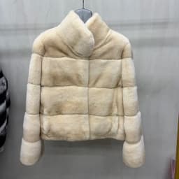 Women Real Rex Rabbit Fur Coat Stand Collar Short Jacket Chinchilla‑Look Pattern Horizontal Stripe Winter Warm Female Coat