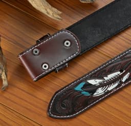 Handmade Leather Dress Belt - Retro Embossed Feather Design, Brown, Adjustable Fit for Business & Casual Wear