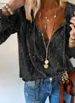 V-neck Hollow Air Quality Commuting Loose Printed Solid Color Lace Shirt Women Beach Vacation New Versatile Long-sleeved T-shirt