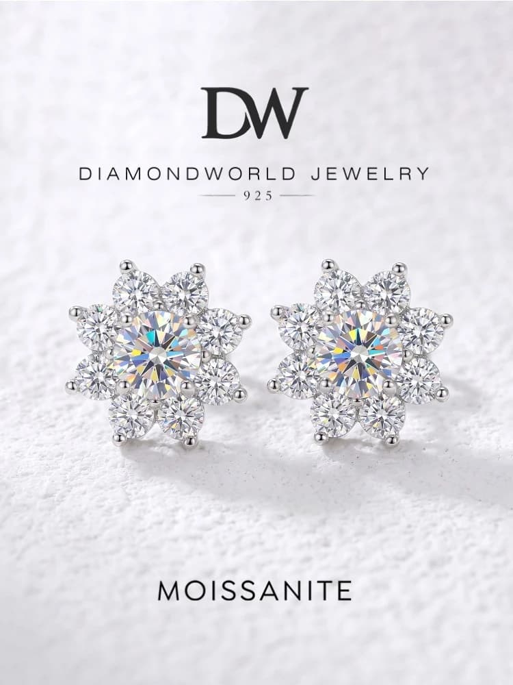 DW 0.5CT Moissanite Diamond Flower Stud Earrings for Women Real 925 Sterling Silver Solitaire Eternity Wedding Party Jewelry