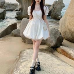 CGC Vintage Puff Sleeves White Short Dresses For Women Summer Elegant Party Dresses Korean Fashion Female Kawaii Lolita Dress