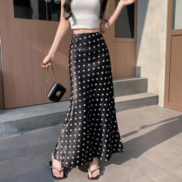 Satin Polka Dot Mermaid Skirt - Flowy Bodycon Midaxi High Waist Flattering Skirt for Women