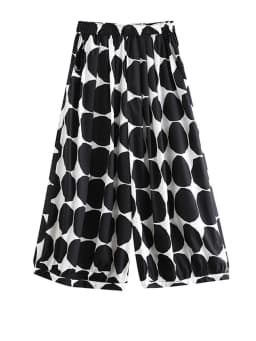 [EAM] High Elastic Waist Black Dot Printed Long Wide Leg Trousers New Loose Fit Pants Women Fashion Spring Autumn 2026 1DE6981
