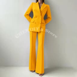 Women Suits Sets 2 Piece Elegant Peak Lapel Double Breasted Outfits Fashion Daily Casual Chic Female Suit (Jacket+Pants)