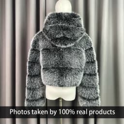 Winter Warm Ladies Fake Fox Fur Jacket Short Fashion Hooded Artificial Fox Fur Coat High Quality Women's Cropped Fur Coat Black