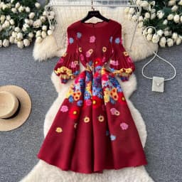 Miyake Pleated Print Dresses 2026 Summer New Round Neck Lantern Sleeve A-Line Flower Bud Dress Elegant Stretch Women's Clothing