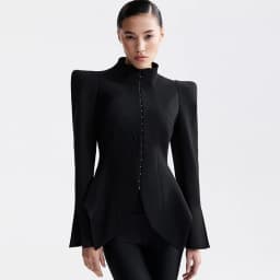 Women Coat Jacket Stand Collar Shoulder Pad Hook Front Jackets Cinched Waist Asymmetrical Hem Blazer Elegant Fashion Outerwear