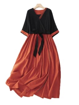2024 New Arrival V-neck Patchwork Vintage Loose Summer Dress Bow Belt Slim Office Lady Work Dress Fashion Women Casual Dress