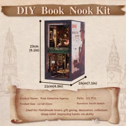 CUTEBEE Book Nook 3D Puzzle Miniature Doll House Kit With Touch Light Dust Cover DIY Bookshelf Insert Gift Rose Detective Agency