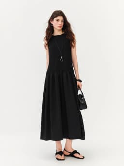 FSLE Women's Minimalist Commute Sleeveless Crew Neck Slim Fit Tank Dress 2026 Summer New Arrival Elegant Black Long Daily Dress