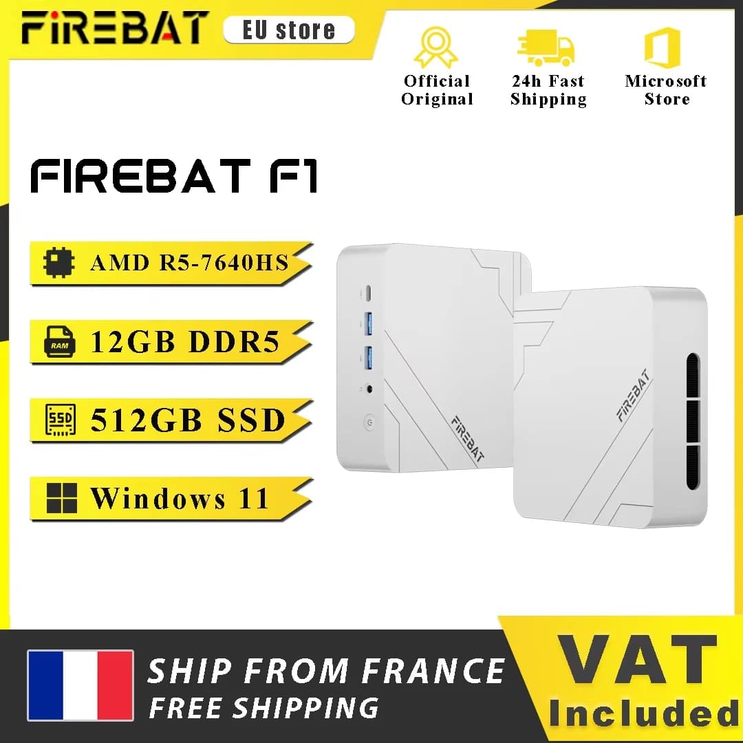 Firebat Mini Pc F1 Amd Ryzen 5 7640Hs Gaming Desktop 12Gb Ddr5 512Gb Ssd Windows 11 Pro Wi-Fi 6 Usb4.0 Compact Computer