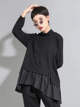 [EAM] Loose Fit Asymmetrical Ruffles Sweatshirt New High Collar Long Sleeve Women Big Size Fashion Tide Spring Autumn 2026 1A529