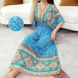 n Long Print Dr V-Ne Slimming Cotton Silk Beachwear Casual High Waist Summer Women's Loose Fit Overhead Dr
