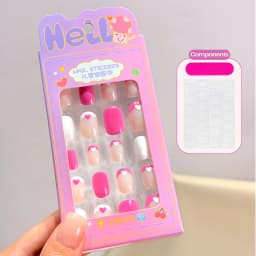 24Pcs Pink Flower Heart Kids False Nails Glossy Nude Short Oval Children's Press on Nails Sweet Girl Acrylic Fake Nail Patches#_