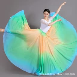 Women's 360-720 Degrees Big-hem Dance Skirts Gradient Color Chiffon Maxi Skirts Elastic-waist Elegant Square Dance A-line Skirts