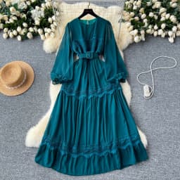 French Vintage O Neck Hollow Out Lace Patchwork Long Lantern Sleeves Korean Fashion Dresses Women's Autumn Waist Sweet Clothing