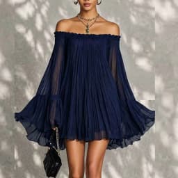 Vintage Solid Off Shoulder Mini Dress Pleated Sheer Flared Long Sleeve Ruffle Trim Loose Flowy Dress Summer Travel Party Dresses