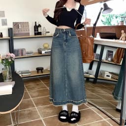 High Waist A-Line Midi Denim Skirt for Women Vintage Frayed Hem Pear Shape Body Type Spring Tall Size Half Body Long Skirt