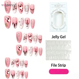 30pcs Sweet Pink Almond False Nails Cartoon Cat Music Note Polka Dot Butterfly Pattern Press On Nails French Style Manicure Art