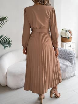 Spring Autumn Elegant Buttons V Neck Lantern Long Sleeve Lace Up Pleated Dress Khaki Blue Red Green Black Women Dresses