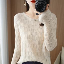 Autumn New Ladies Soft Breathable Sweater Wool Blend O-Neck Pullover Curved Hollow Out Knitted Sweater Slim-Fit Commuter Tops