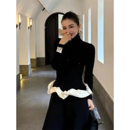 Vintage Black Turtleneck Sweater Women Ruffles Patchwork Knitted Pullovers Korean Elegant Knitwears Autumn Winter Design Jumpers