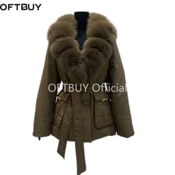 OFTBUY Real Fox Fur Collar Duck Down Jacket Women Mid-Length Puffer Jacket Luxury Slim Belted Waist Winter Warm Outerwear