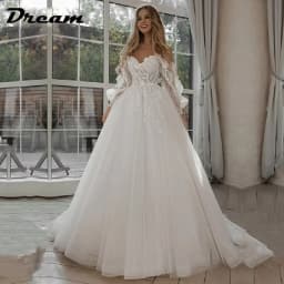 DREAM Customized Off Shoulder Lace Glitter Wedding Dresses Long Puff Sleeve 3D Flowers Boho Bride Gown 2026 Vestidos De Novia