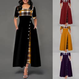 Women's Irregular Lattice Patchwork Long Dresses Vintage Buttons O Neck Half Sleeves Casual Lady Commuting Dress Fashion
