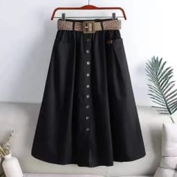 2025 Spring Summer Women Washed Cotton Elastic High-waist Skirt Pocket Belt Solid Long A-line Skirts Split Hem All-match Skirts