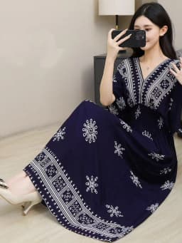 n Long Print Dr V-Ne Slimming Cotton Silk Beachwear Casual High Waist Summer Women's Loose Fit Overhead Dr