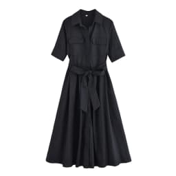 HH Women Summer Lapel Short Sleeve Pocket Single-Breasted Belt Decorate Midi Dress Female Fashion Shirt Style Pleated Dress