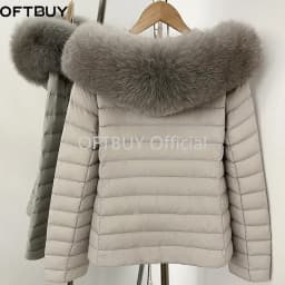 OFTBUY Goose Down Real Fox Fur Collar Lightweight Quilted Zip Up Clothes New Winter Puffer Coat Women Short Hooded Down Jacket