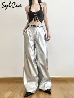 Sylcue Silver Retro Matte Trendy Personalized All-match Casual High Street Cool Confident Casual Women's Autumn Wide Leg Pants