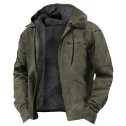 Men's Solid-Color Hooded Cotton Jacket Casual Trendy Fleece Zipper Pocket Winter Coat for Outdoor Wear