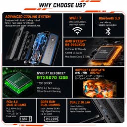 MSECORE Liquid Cooling Gaming PC AMD Ryzen 9 9950X3D RTX5070 Discrete Graphics DDR5 Dual M.2 NVMe SSD WiFi6E BT5.3 2.5G LAN 8K