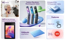 HAMTOD T8 Flip Phone 2.8 inch Inner Screen 128MB ROM+ 48MB RAM 1500mAh Battery 0.3MP Rear Camera 4G VoLTE Cellphone