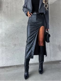 Women's Mid Pu Leather skirt solid Color slit sexy Hip Hugging skirt High Street Party Fashion Punk Style Autumn Skirt