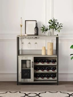 UK Bar Cabinet, Wine Rack Cabinet with Detachable Wine Rack, Adjustable Shelves Coffee Bar Cabinets with Mesh Door and Baffle De