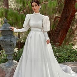 Exquisite High Neck Sequin Wedding Dress Puff Long Sleeves A-Line Floor Length with Belt Customized Sweep Train Bride Gowns Robe