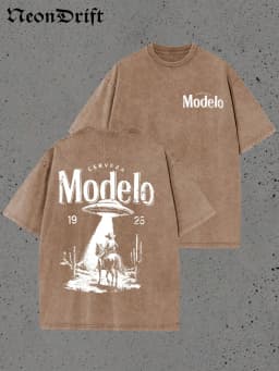 Retro Modelo 1925 Cerveza T Shirt Men Washed Cotton Oversized UFO Cowboy Graphic Tee Casual Streetwear Summer Short Sleeve