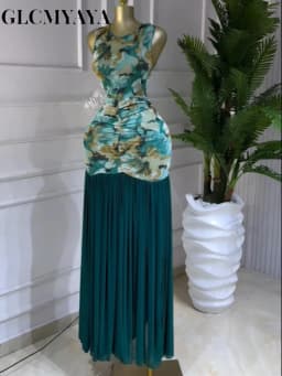 CM.YAYA Women Printed Ruched Stacked Sleeveless Long Maxi Dress 2026 Summer Evening Party Beach Vacation Sexy Dresses Vestido
