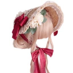 Pastoral Style Flat Top Hat Lace Flower Ribbon Straw Hat Lolita Hat Bonnet Hat French Hat All-match for Beach Vacation
