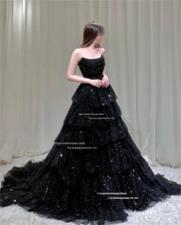 Xijun Glitter Black Long Evening Dresses Tiered Sleeveless Korean Wedding Dresses Photo Shoot Formal Prom Dresses Customized