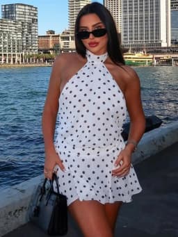Hugcitar Polka Dot Print Halter Sleeveless Backless Bandage Sexy Slim Mini Dress Summer Women Fashion Outfit Party Vacation