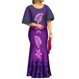 2022 New Samoan Puletasi Set Monstera Leaf Print Bat Sleeve Ptaha Blue Polynesian Top Maxi Fishtail Skirt Womens 2 Piece Set