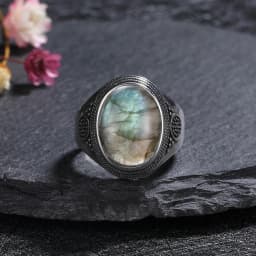Silver Ring for Women Oval Round Natural Labradorite Ring Gift Sun Shaped Retro Luxury Fine Jewelry