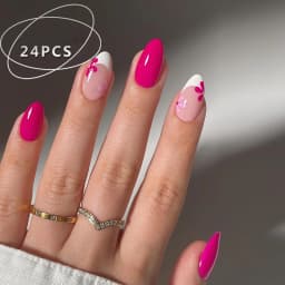 24pcs Pink Flower Almond Press on Nails Kawaii False Nails Wearable Stick-on Nails Fake Nail Uñas Postizas Накладные Ногти 네일팁