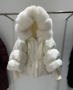 Winter Natural Large Fur Collar Hooded Down Jacket Women White Duck Down Solid Outwear Female Warm Quilted Lantern Sleeve Jacket