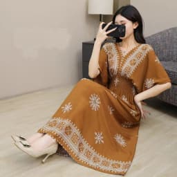 n Long Print Dr V-Ne Slimming Cotton Silk Beachwear Casual High Waist Summer Women's Loose Fit Overhead Dr
